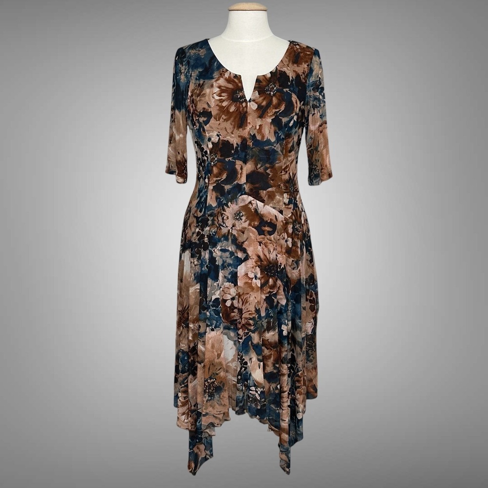 VTG CHRIS McLaughlin Womens Dress 12 Fall Floral Handkerchief Hem Boho Retro Y2K